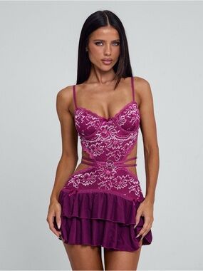 Plum Lace Bustier Mini Dress with Ruffle Skirt